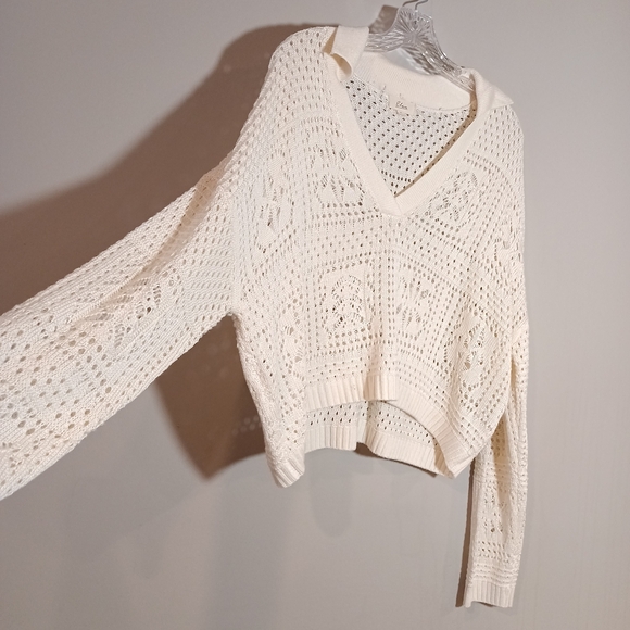 Elan Knit Open Collar Polo Sweater in Off White Size S - Picture 5 of 8